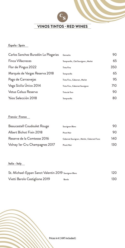 cova santa bottle menu