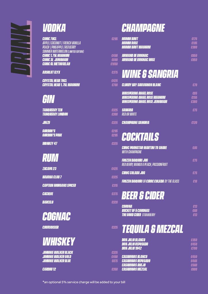 ibiza rocks bottle menu