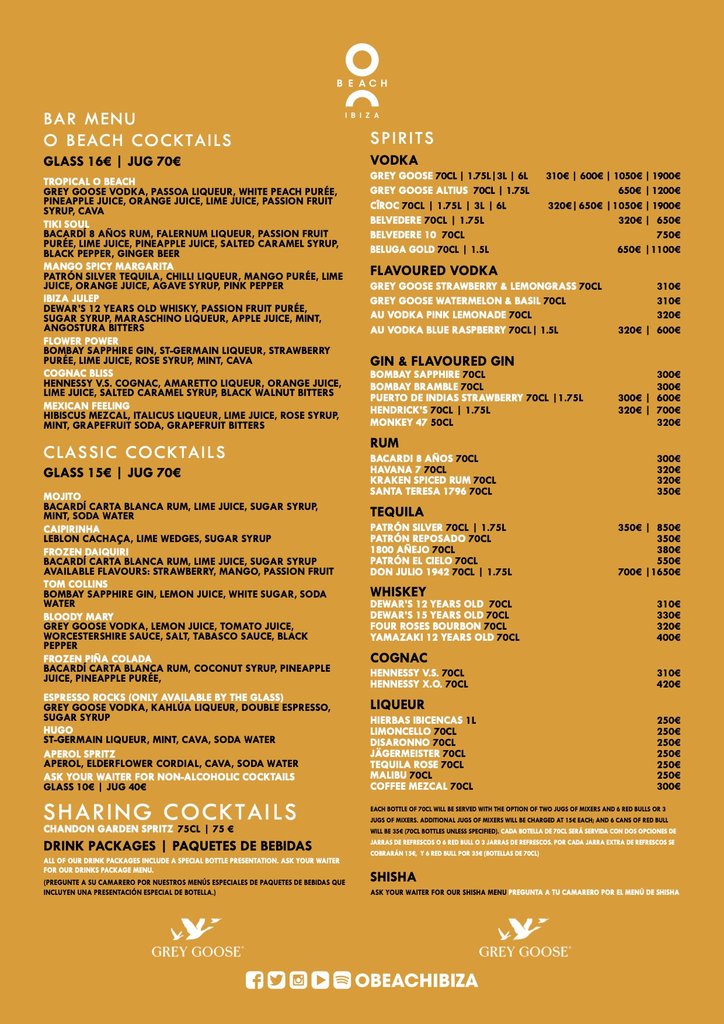 o beach ibiza bottle menu 