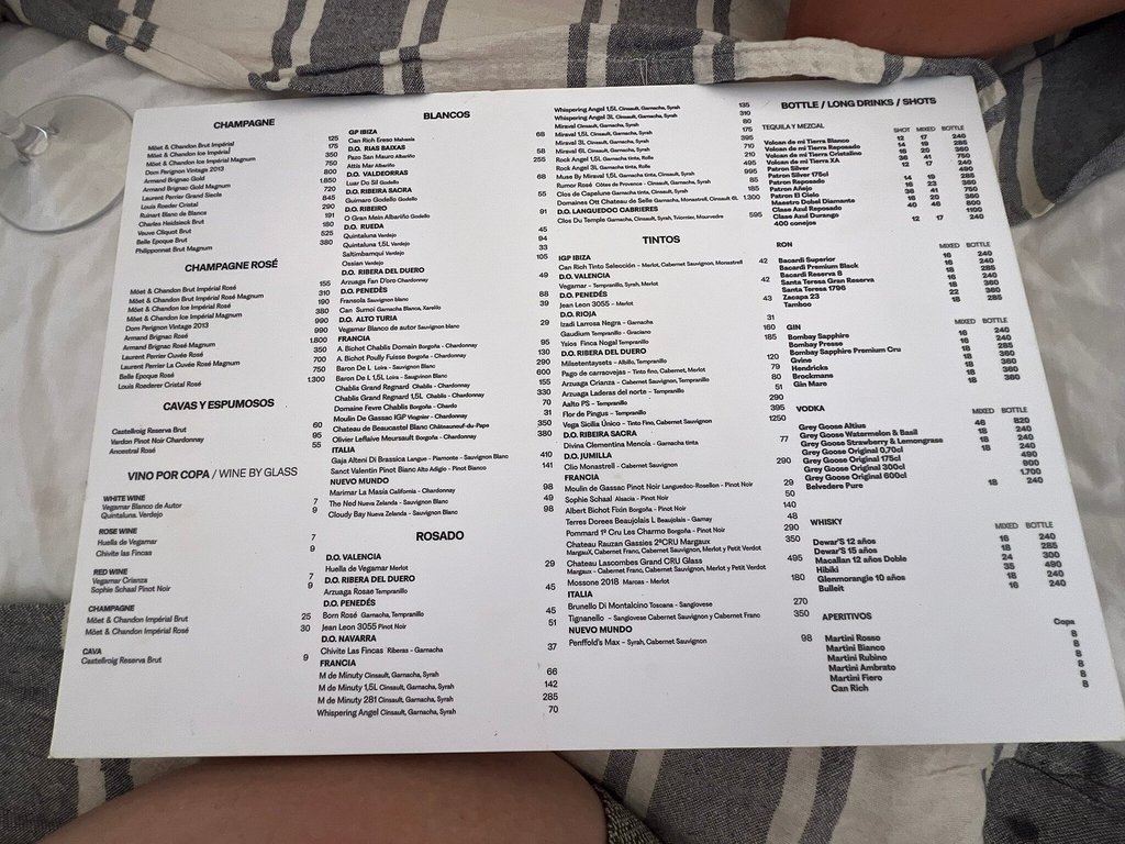 playa soleil ibiza bottle menu