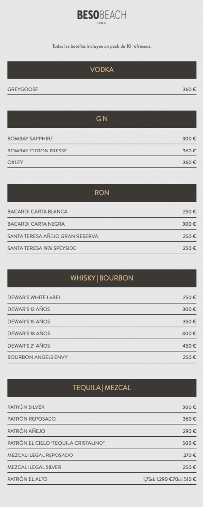 beso beach ibiza menu