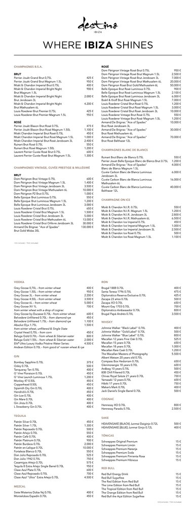 destino ibiza bottle menu